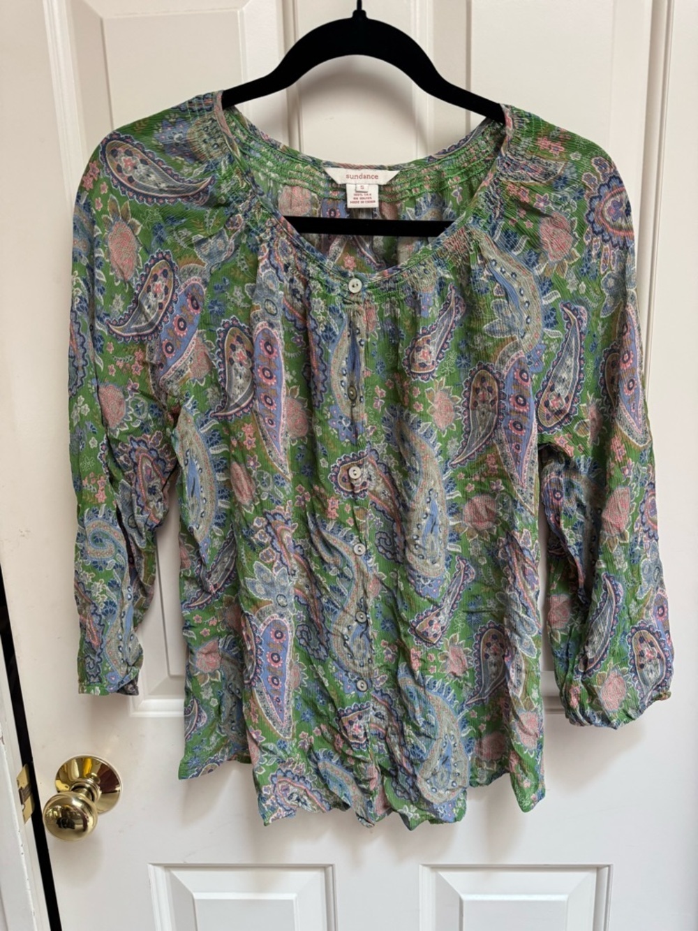 Sundance Green Paisley Button-Front Silk Blouse